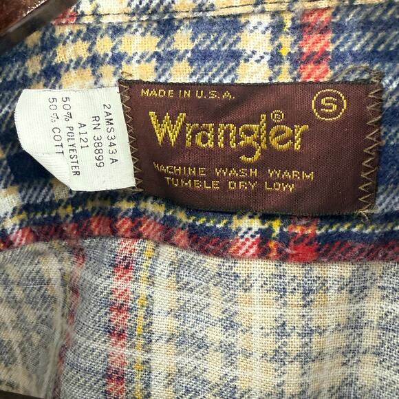 Vintage 70s Wrangler Flannel Shirt Womens Small Blue Red Plaid Western Rodeo - Picture 3 of 4